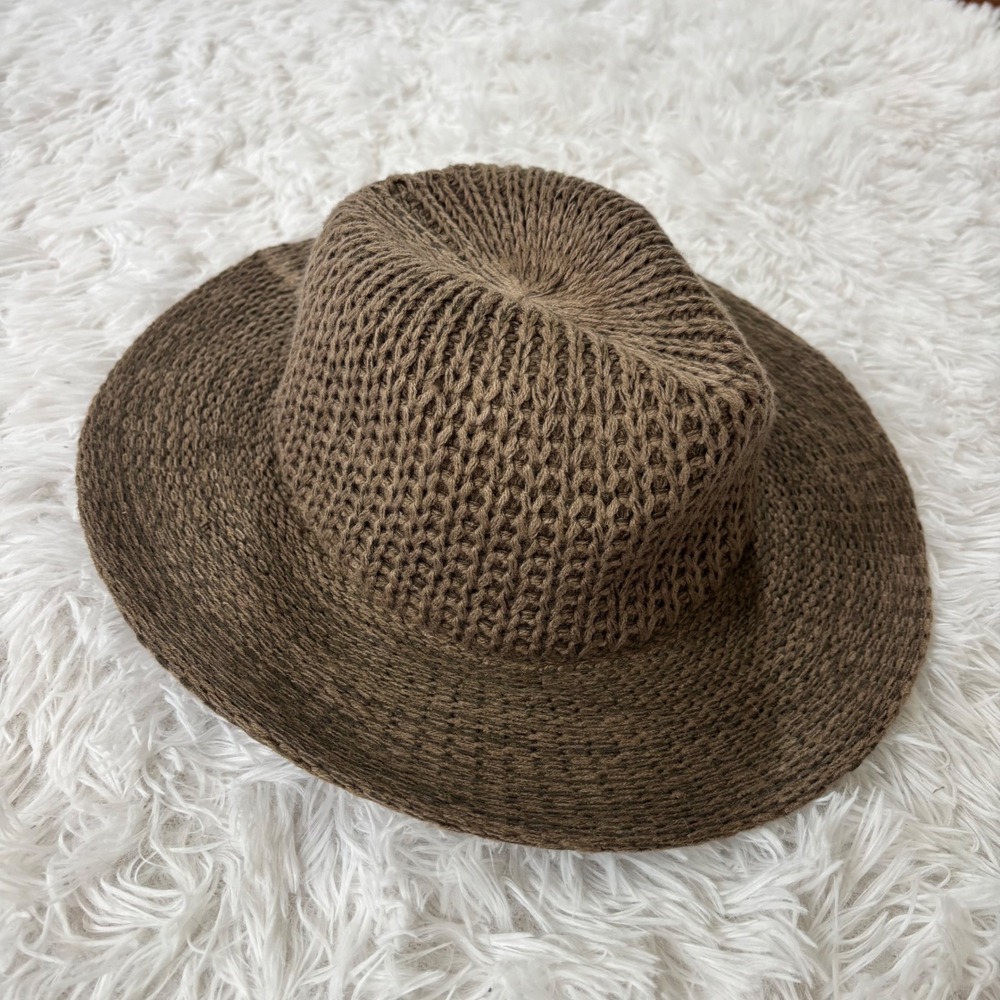 By Anthropologie Knit Fedora Hat Women Brown Sweater Knit Winter Fall Brim Hat